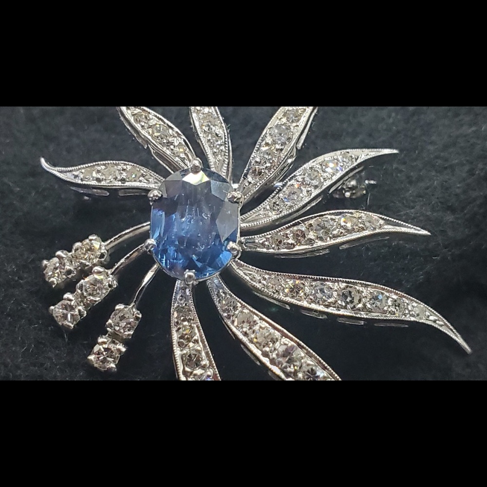 Mid century modern era custom sapphire diamond pin/necklace. 14k white gold. - Picture 5 of 6